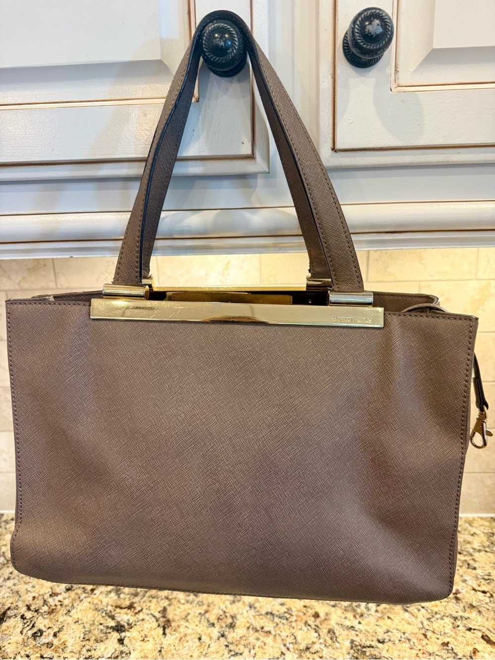 Michael Kors Brown Saffiano Leather Shoulder Tote with Gold Trim